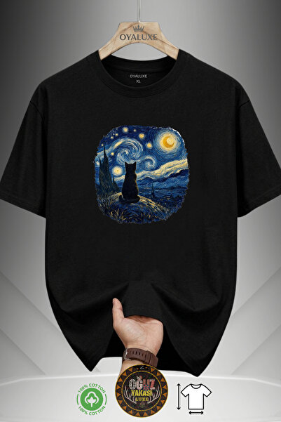OyaLuxe Erkek Siyah Van Gogh Yıldızlı Gece ve Kedi İllüstrasyon Baskılı %100 Pamuk Oversize T-Shirt