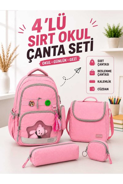 a v d a 4'lü Pembe İlkokul Ortaokul Sırt Çantası Seti Sırt Çantası Beslenme Ç...