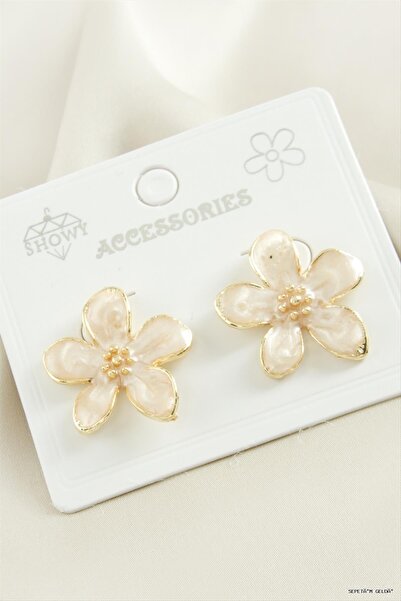 ZERO LAND Spt-Gld Flower Enamel Metal (225913) Earrings Cream