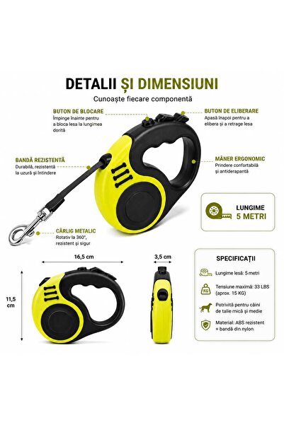 ASMXX Lesă retractabilă pentru câini, 5 m, 16.5 ft, tensiune maximă 33 lbs, mâner ergonomic, sistem de blocare, carabină metalică, negru-galben