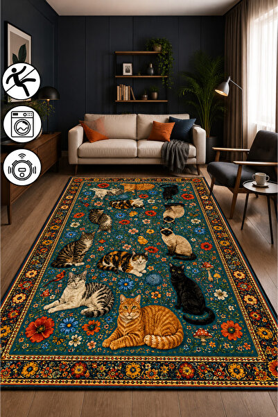 blcmoda Kedi Desenli Baskılı Kaymaz Yıkanabilir Robot Süpürgeye Uygun Salon O...