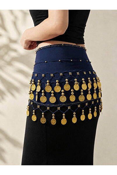 ELYNA Lüks Lacivert Gold Pullu Şakira Oryantal Dansöz Şifon Dans Kemeri Pullu...