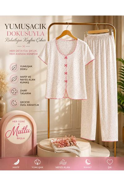 Kadın Beyaz Çiçekli Pijama Takımı