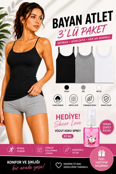 FitGym Kadın 3'lü Pamuklu İp Askılı Atlet Spor ve Günlük Kullanıma Uygun+Shee...