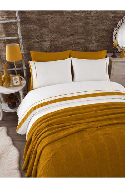 İK TEKSTİL Knitwear Blanket 100% Cotton Double Elastic Sheet Mustard 7 Piece ...