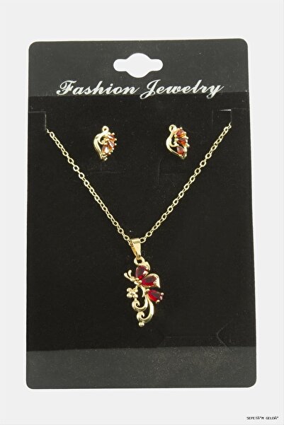 ZERO LAND Spt-Gld Dragonfly Zircon Stone Set (03750) Necklace Red