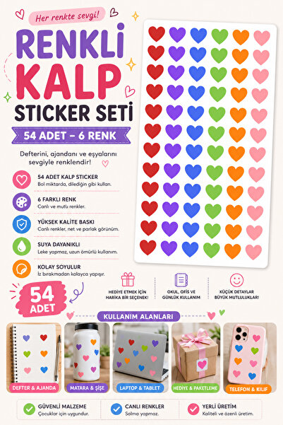 Hanelia Art 54 Adet Renkli Kalp Sticker Seti – 6 Farklı Renk Dekoratif Kalp Ç...