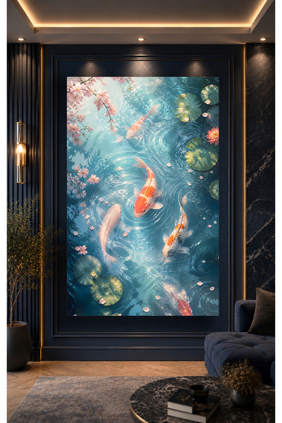 Evnora Home Decor Koi Balıkları ve Nilüfer Çiçekleri Cam Tablo | Japon Bahçes...