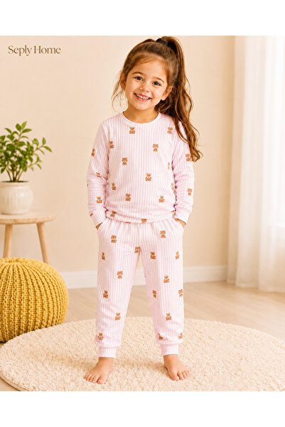 SeplyHome Kız Çocuk Ayıcıklı Uzun Kollu Pijama Takımı | Pamuklu Kız Çocuk Pij...