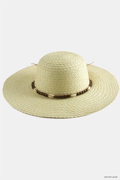 ZERO LAND Spt-Gld Wooden Beaded Straw Hat (235803) Beige