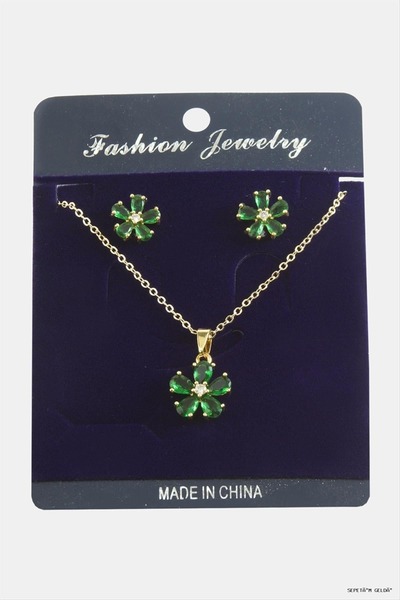 ZERO LAND Spt-Gld Daisy Zircon Stone Set (04647) Necklace Green