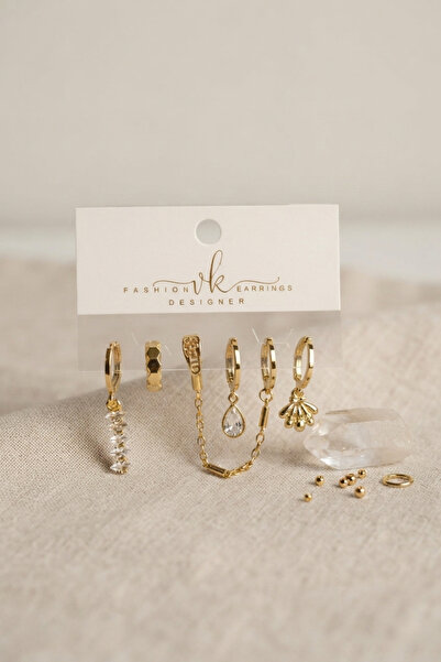 Mega Bazaar Gold Color Brass Zircon Stone Detailed 6-Piece Earring Combinatio...