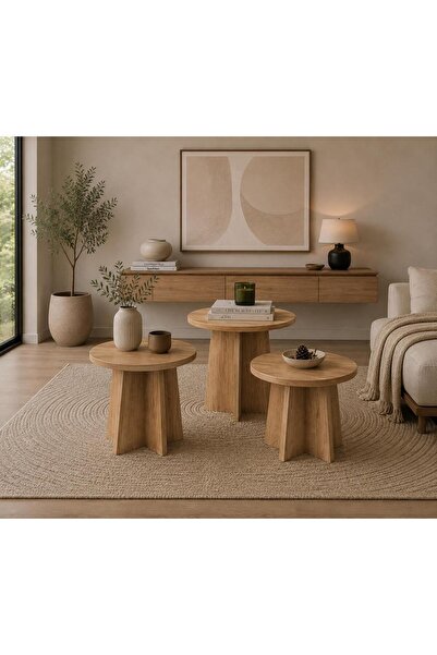 Modura Home 3 lü Zigon sehpa Mantar Sehpa Ahşap Desen Orta Yan Sehpa