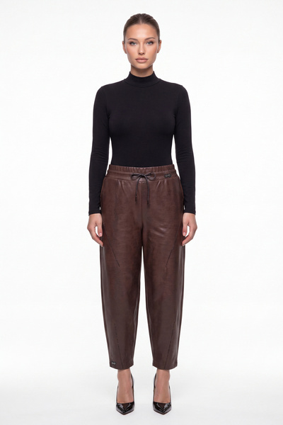 EXİTLİNE Women's Brown Seasonal Faux Leather Trousers with Elastic Waist and ...