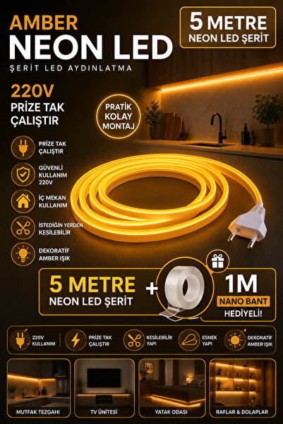 TENK Neon AMBER Renk 220v Tak&Çalıştır Mutfak Tezgah Üstü Yatak Odası Tv Arka...
