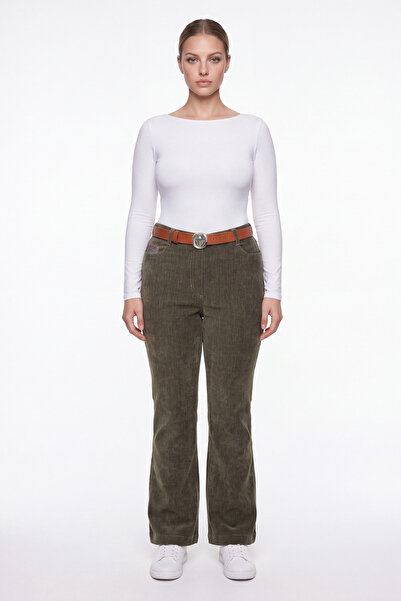 EXİTLİNE Women's Khaki Winter Belted Spanish Flare Trousers with Logo and Sto...