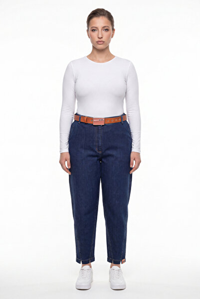 EXİTLİNE Women's Navy Blue Winter Denim Trousers with Belted Legs, Slits and ...
