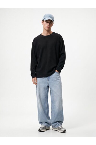 Ltb Hanorac negru cu mânecă lungă, croială normală, cu guler tip crewneck