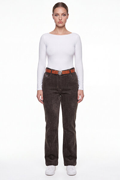 EXİTLİNE Women's Brown Winter Belted Spanish Flare Trousers with Logo and Sto...