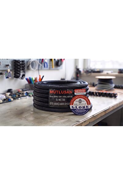 Mutlusan 10 mm 15 Metre Yarıksız Siyah Esnek Spiral Kablo Koruma Borusu + Glo...