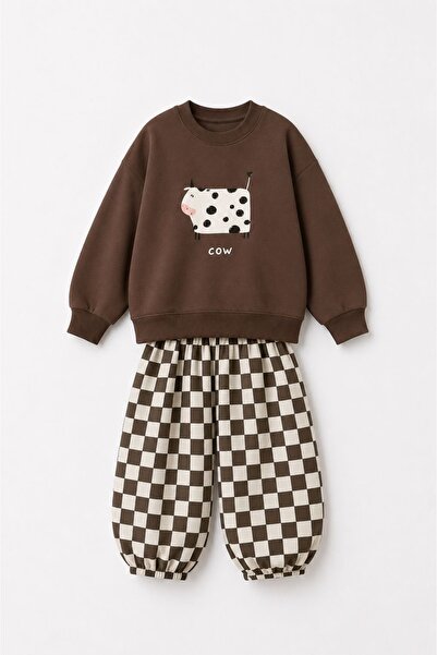 CALİSA Girls Boys Tracksuit Set Brown Cow Print Oversize Jogger Checkered Bot...
