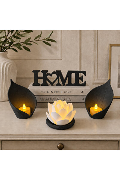 zulya Zarif Lotus ve Yaprak Mumluklu HOME Dekor Seti – 4 Parça