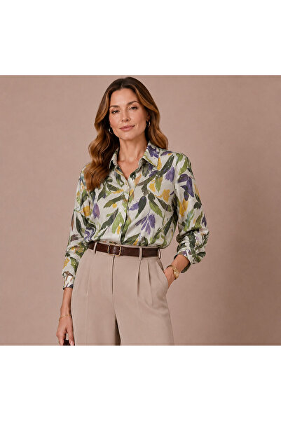 SheLoria Women's Green Viscose Patterned Long Sleeve Buttoned Colorful Shirt