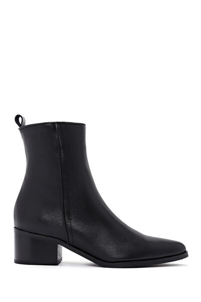 Derimod Women's Black Zipper Detailed Short Heeled Leather Boots Wf170009Dv