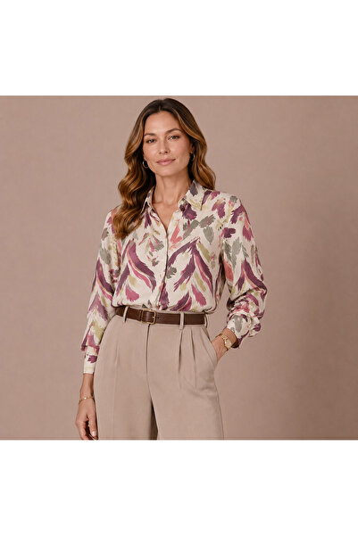 SheLoria Women's Burgundy Viscose Patterned Long Sleeve Buttoned Colored Shirt