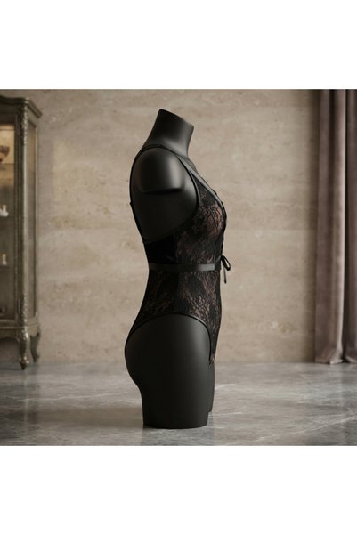 Lamis Nawar Code 690 Lace-Up Plunging V-Neck Floral Lace Bodysuit Lingerie
