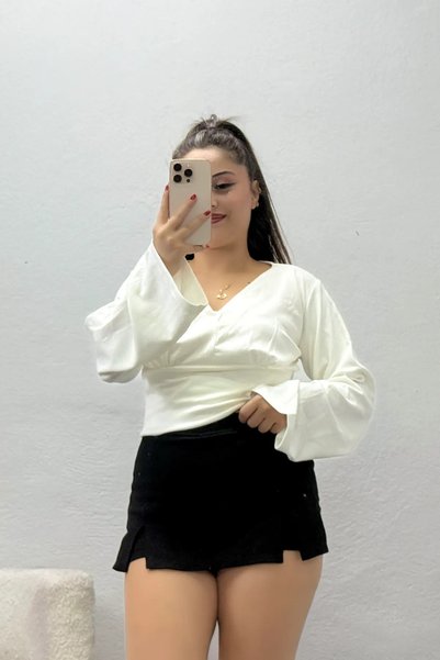 BELENDİR Women's Waist-Slit Kimono Sleeve Modal Blouse Ecru