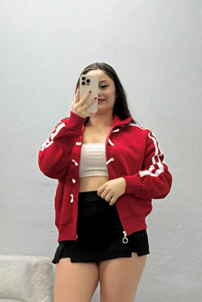 BELENDİR Women's Striped Sakura 3 Thread Embroidered Jacket Red
