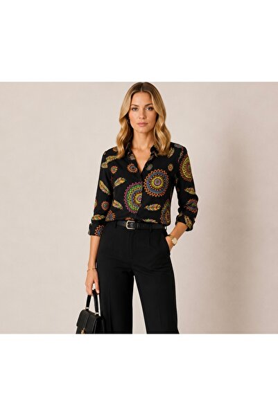 SheLoria Women's Black Viscose Patterned Long Sleeve Buttoned Colored Shirt