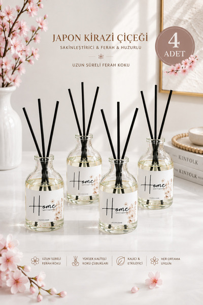 LALEZEN HOME 4’lü Japon Kirazı Çiçeği Oda Kokusu Bambu Çubuklu Dekoratif Kalı...