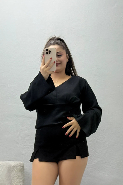 BELENDİR Women's Waist-Slit Kimono Sleeve Modal Blouse Black