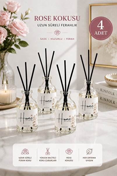 LALEZEN HOME 4’lü rose Oda Kokusu Bambu Çubuklu Dekoratif Kalıcı Ev Kokusu Se...