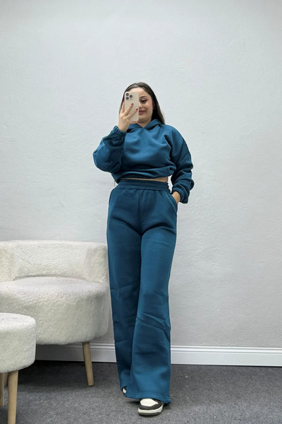 BELENDİR Women's 3 Threaded Threaded Sweatpants Set Petrolyesili