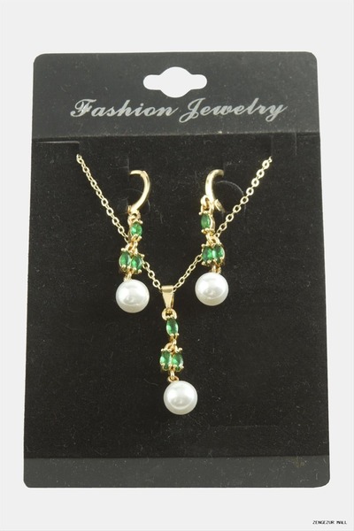 ZERO LAND Zngzrmll Flower Pearl Zircon Stone Set (31205) Necklace Green
