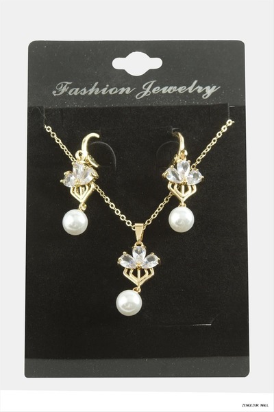 ZERO LAND Zngzrmll Flower Pearl Zircon Cubic Zirconia Set Necklace (31155) Si...