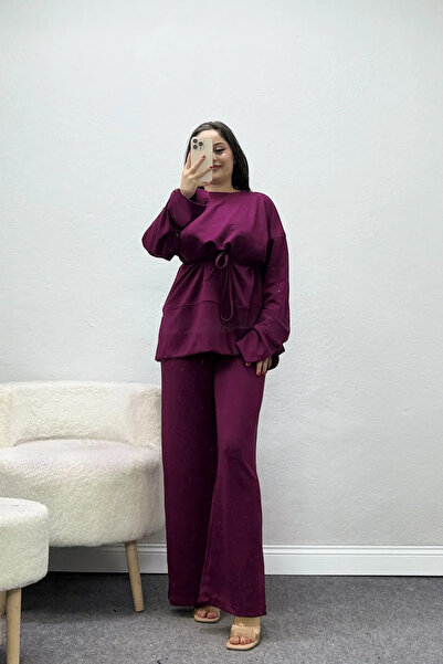 BELENDİR Women's Tie-Waist Modal Suit with Slit Sleeves, Plum Color