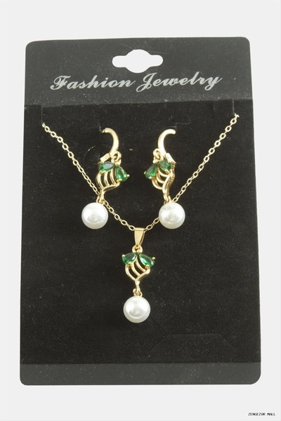 ZERO LAND Zngzrmll Flower Pearl Zircon Stone Set (35557) Necklace Green