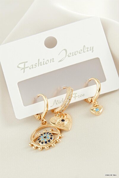 ZERO LAND Zngzrmll 3 Pieces Heart Evil Eye Zircon Stone (35018) Earrings Yellow