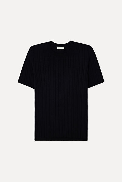Mudo Women's Black Fitted Crew Neck Short Sleeve Knit Sweater