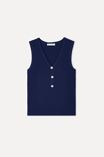 Mudo Women's Navy Blue Fitted V-Neck Sleeveless T-Shirt