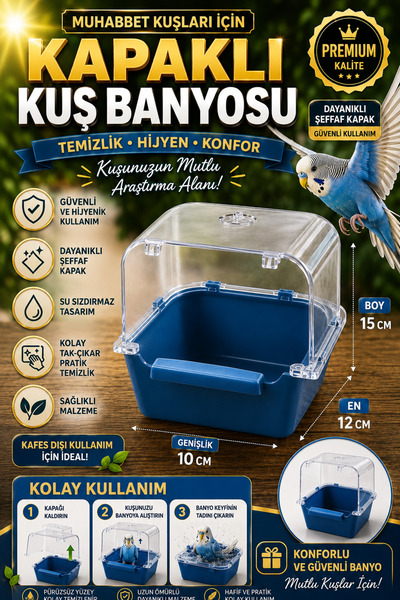 Petshop Mavi Kapaklı Muhabbet Kuşu Banyosu – Şeffaf Kapaklı Kuş Banyoluk