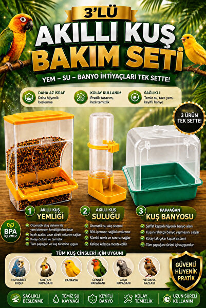 Petshop Akıllı Kuş Yemliği + Akıllı Kuş Suluğu + Papağan Kuş Banyosu – 3’lü K...