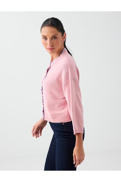 Jimmy Key Cardigan tricotat cu guler rotund și detaliu cu volane, roz deschis