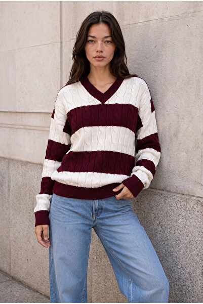 Valiberta Bianca Double Color Braided V-Neck Women's Knitwear Sweater - Burgundy