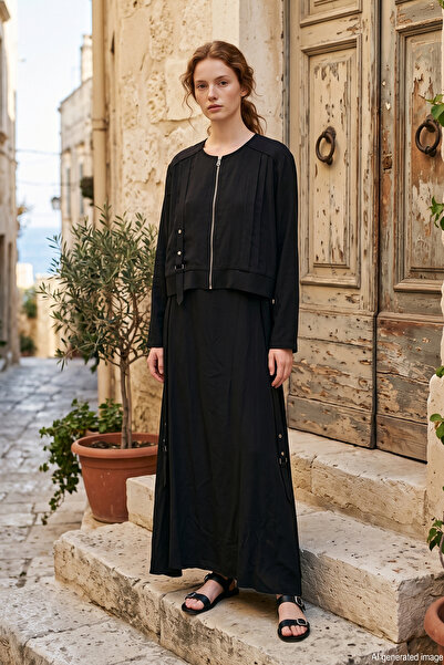 Ceremony Modal Bolero Dress with Metal Buckle and Snap Detail 922 Black