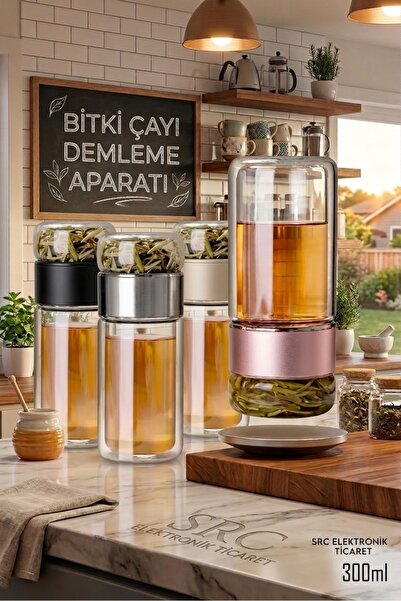 SRC Çift Cidarlı Cam Bitki Çayı Demleme Matarası 300 ml – Süzgeçli ve Taşınab...